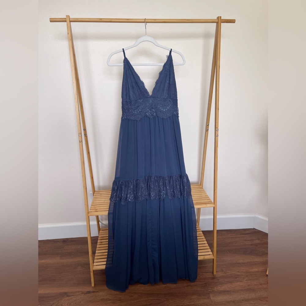 Lulus Formal Dress in Navy Deep V and lace detail